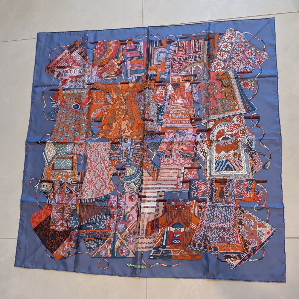 Hermes Silk Voyage En Etoffes Scarf 90 Parme Corail Rose